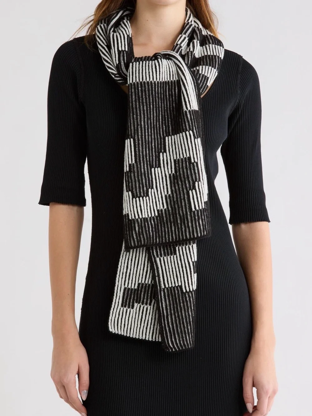 AllSaints Black White Underground Plaited Scarf Knit Logo